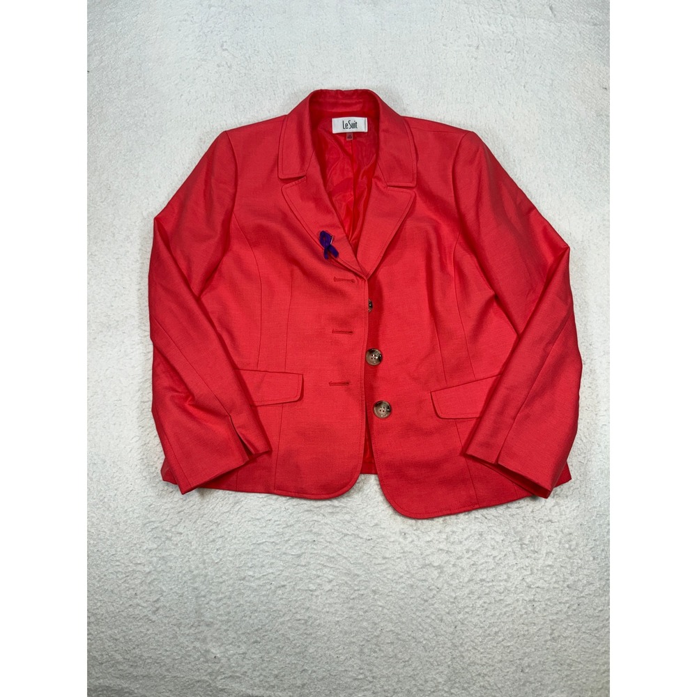 Le Suit Womens Coral Pink Three Button Blazer Jacket Size 16 Professional Work